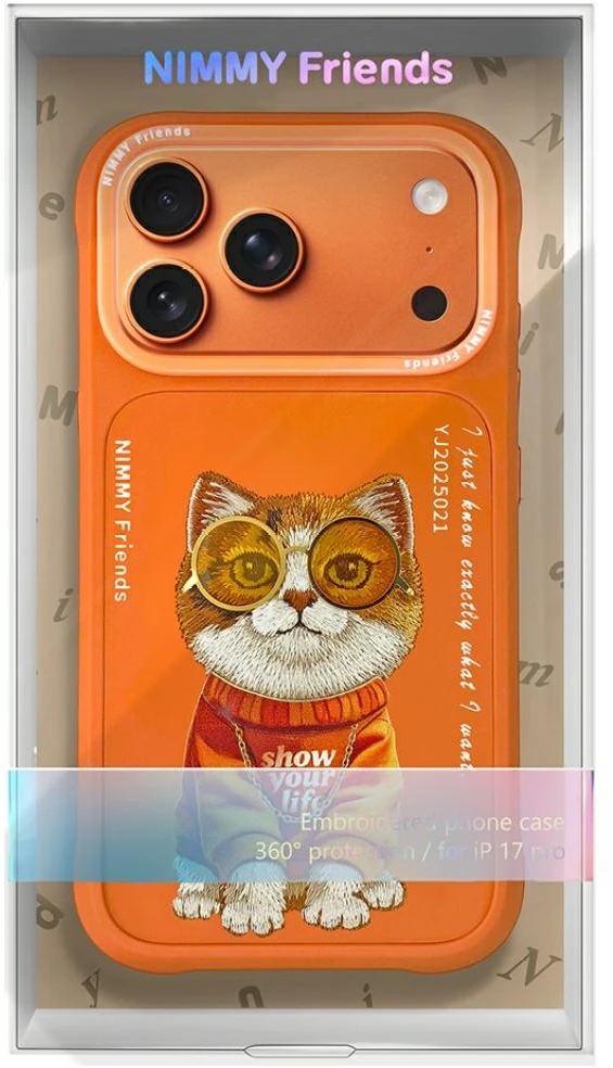 „Nimmy Glasses“ stilingas katino formos dėklas, skirtas „iPhone 17 Pro“ – oranžinis