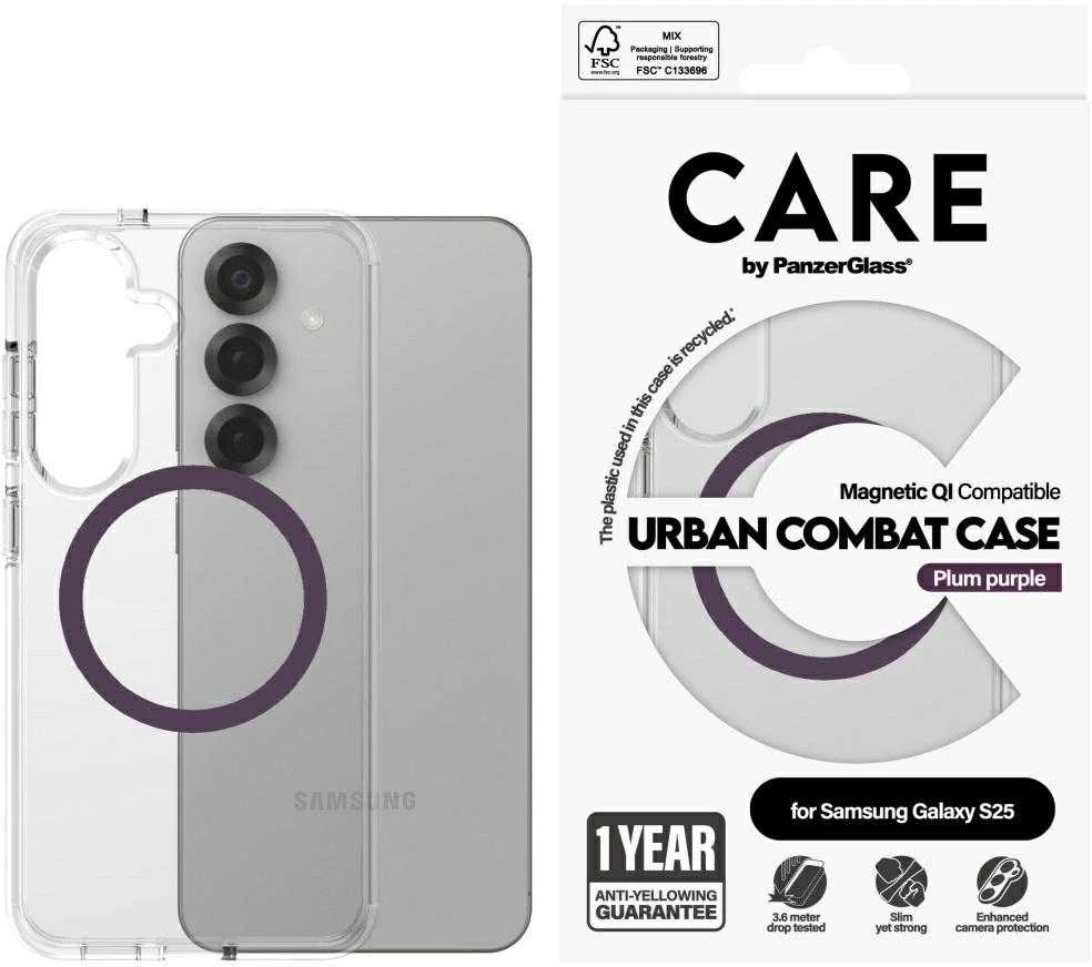 Dėklas Panzer Glass CARE by PanzerGlass Flagship Urban Combat Violetinė QI Samsung Galaxy S25 skaidrus