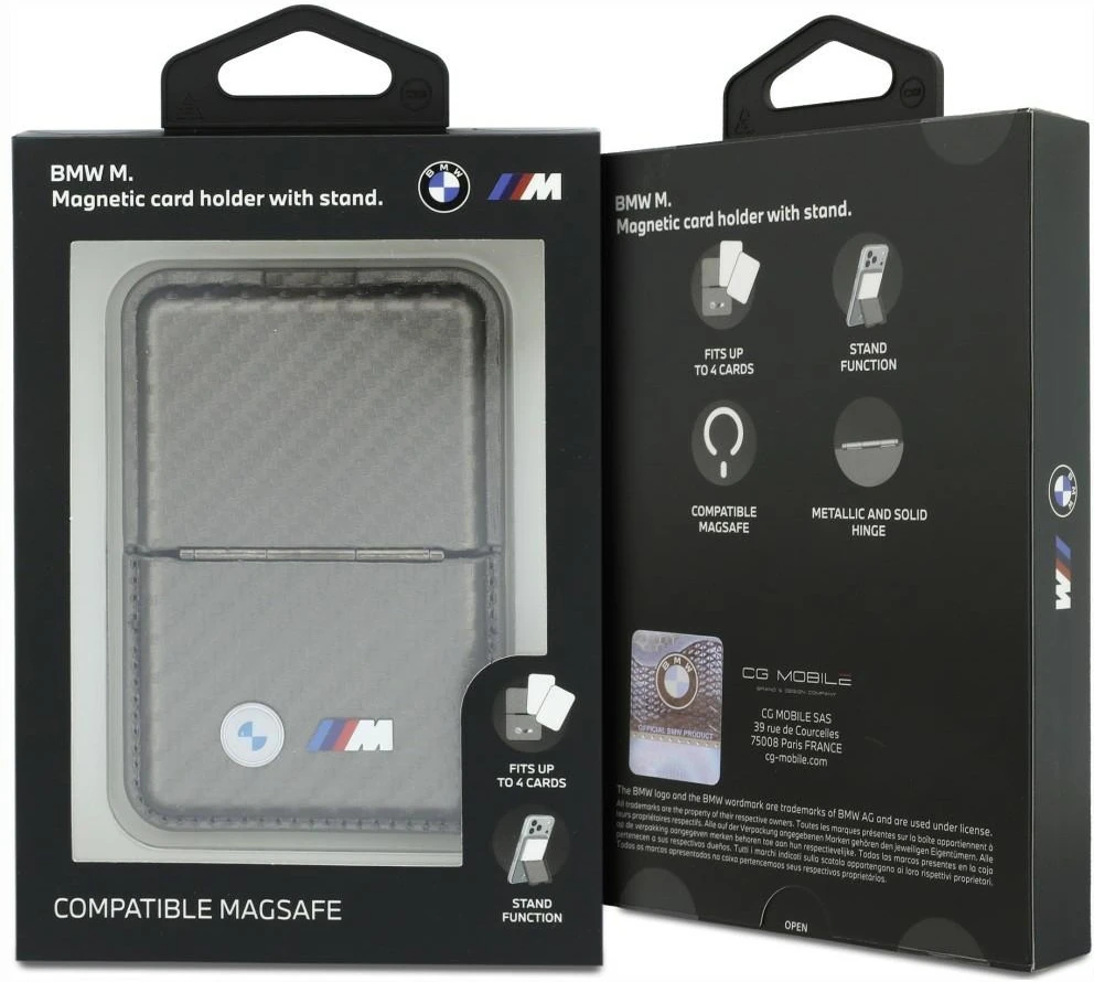 Dėklas Piniginė BMW M Carbon Metal Logos MagSafe antracito spalvos