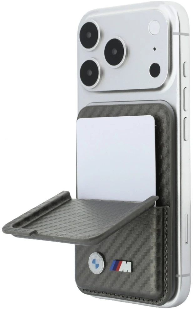 Dėklas Piniginė BMW M Carbon Metal Logos MagSafe antracito spalvos