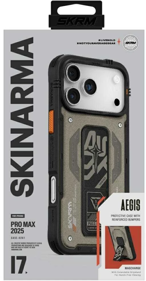 Dėklas Skinarma Aegis skirtas Apple iPhone 17 Pro Max Magnetic Charging + Grip Stand pilkos spalvos
