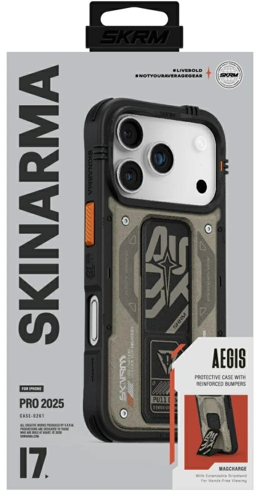 Dėklas Skinarma Aegis Apple iPhone 17 Pro Magnetic Charging + Grip Stand pilkas
