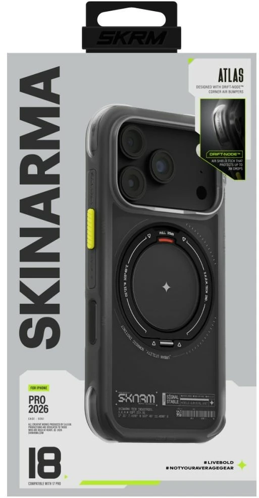 Dėklas Skinarma Atlas MagSafe + besisukantis stovas, skirtas iPhone 18 Pro / 17 Pro, juodas