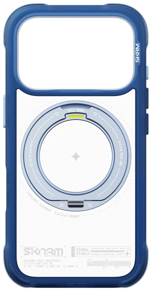 Dėklas Skinarma Atlas MagSafe + besisukantis stovas, skirtas iPhone 18 Pro / 17 Pro, mėlynas