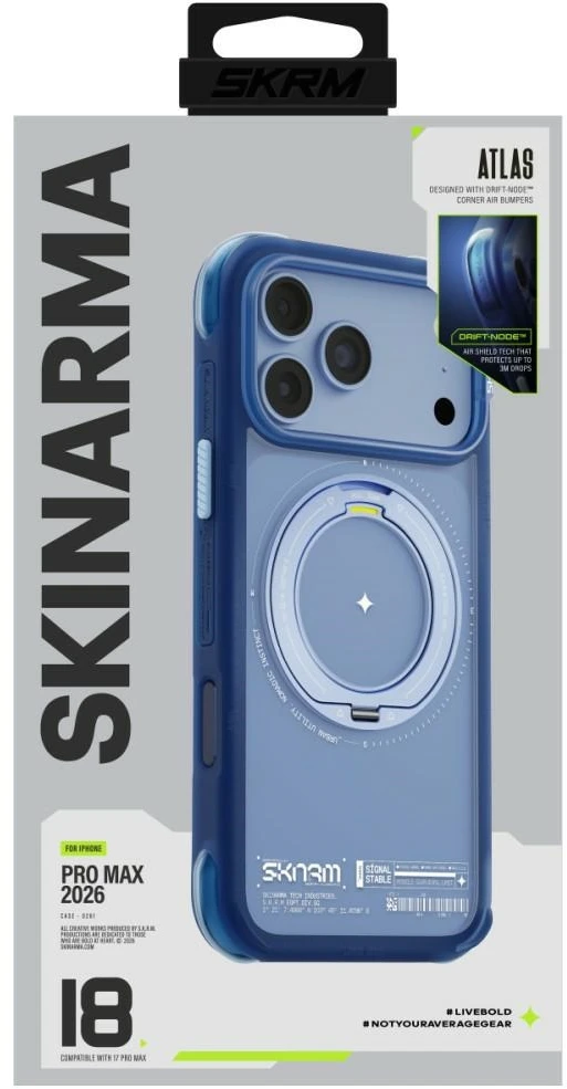 Dėklas Skinarma Atlas MagSafe + besisukantis stovas, skirtas iPhone 18 Pro Max / 17 Pro Max, mėlynas