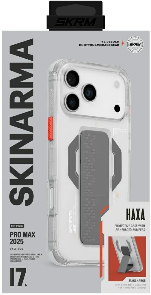 Skinarma Haxa dėklas, skirtas iPhone 17 Pro Max, su magnetiniu įkrovimu ir laikikliu-stovu, skaidrus