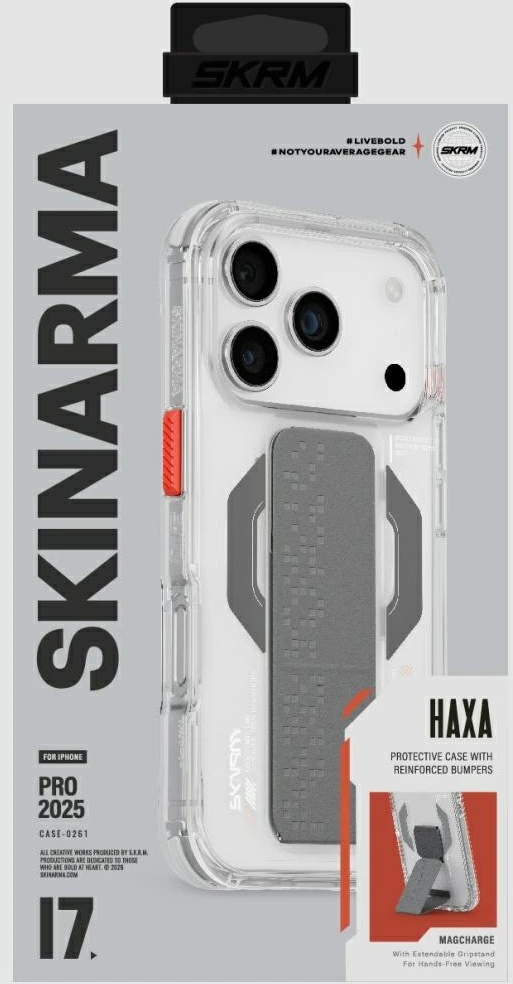 Skinarma Haxa dėklas, skirtas iPhone 17 Pro, su magnetiniu įkrovimu ir laikikliu-stovu, skaidrus