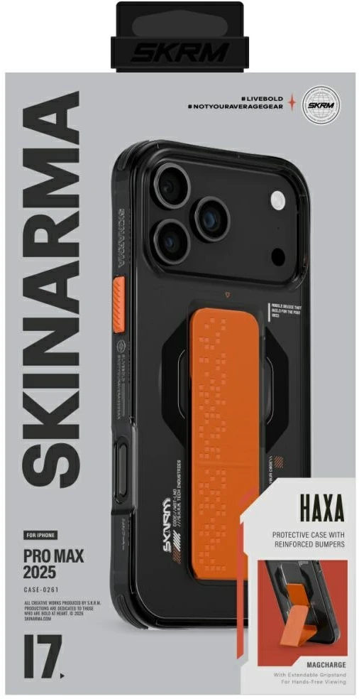 Skinarma Haxa dėklas, skirtas iPhone 17 Pro Max, su magnetiniu įkrovimu ir laikikliu-stovu, grafito spalvos
