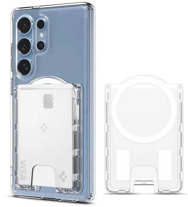 Dėklas Spigen itin hibridinė „MagSafe“ piniginė, krištolo skaidrumo – „Samsung Galaxy S25“ serija