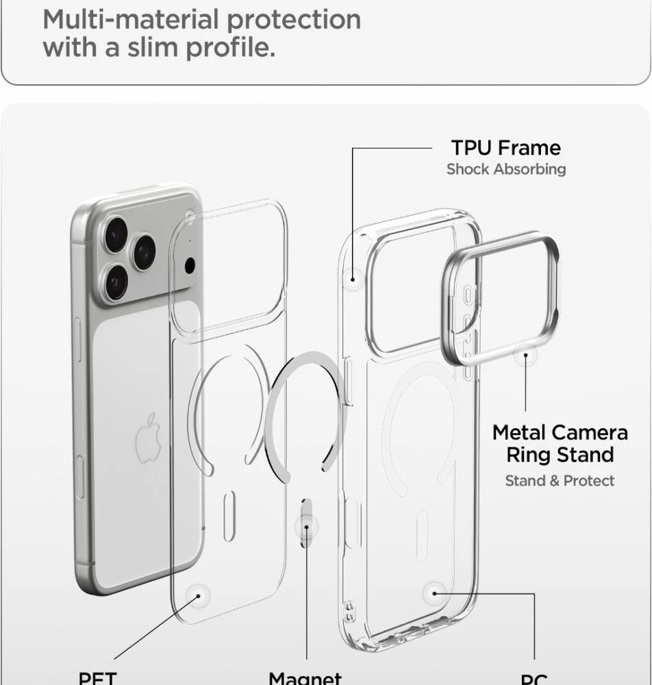 Dėklas Spigen Ultra Hybrid OPTIK S MagSafe iPhone 17 Pro / 18 Pro SKAIDRUS/SIDABRINIS