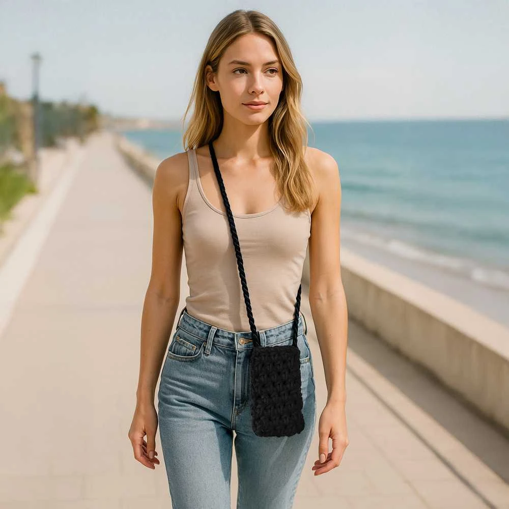 Dėklas Fusion Accessories Topt Knitted krepšys skirtas telefonui design 1 juodos spalvos