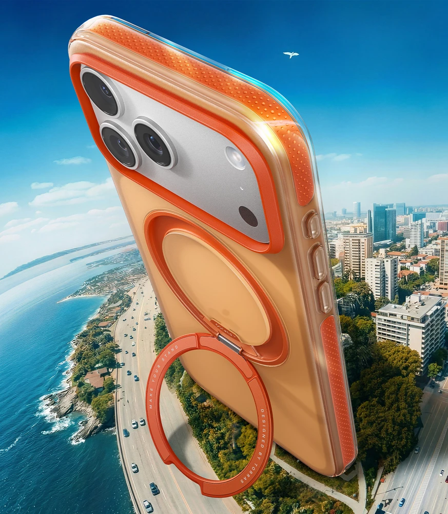 Dėklas „Torras Ostand O3 Hue“, auksinės citrusinės spalvos – „Apple iPhone 17 Pro“
