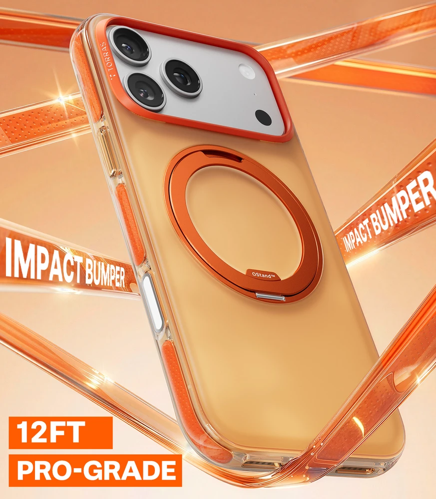 Dėklas „Torras Ostand O3 Hue“, auksinės citrusinės spalvos – „Apple iPhone 17 Pro“