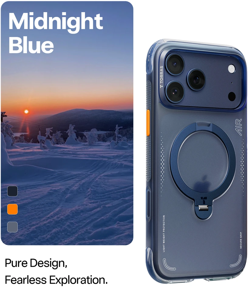 Dėklas Mėlyna TORRAS Ostand Spin Air - etui do iPhone 17 Pro kompatybilne su MagSafe (midnight mėlynas)