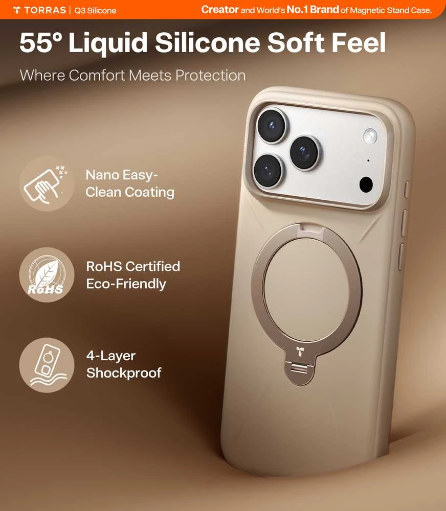 Dėklas Torras Ostand Q3 silikoninis dėklas, dykumos aukso spalva – iPhone 17 Pro