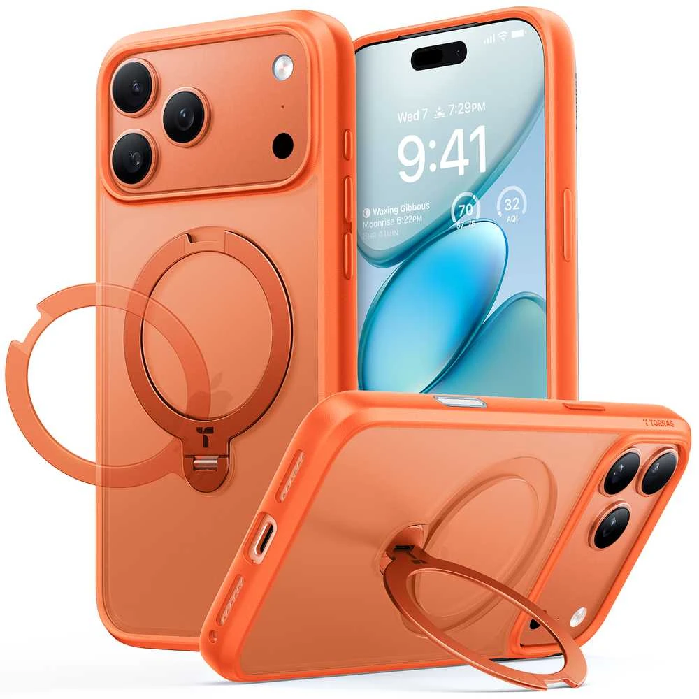 Dėklas Torras Ostand Q3 Spin, energijos oranžinė – iPhone 17 Pro