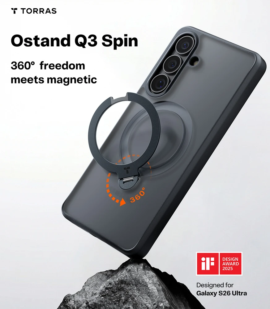 Dėklas Torras Ostand Q3 Spin, obsidian juodas – Samsung Galaxy S26