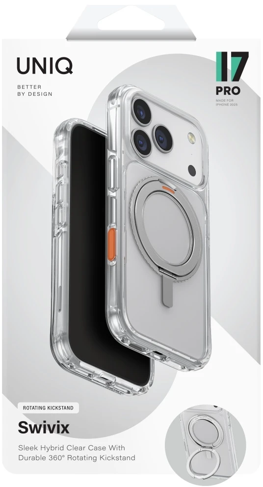 UNIQ Swivix dėklas, skirtas iPhone 17 Pro, su 360° besisukančiu stovu, skaidrus