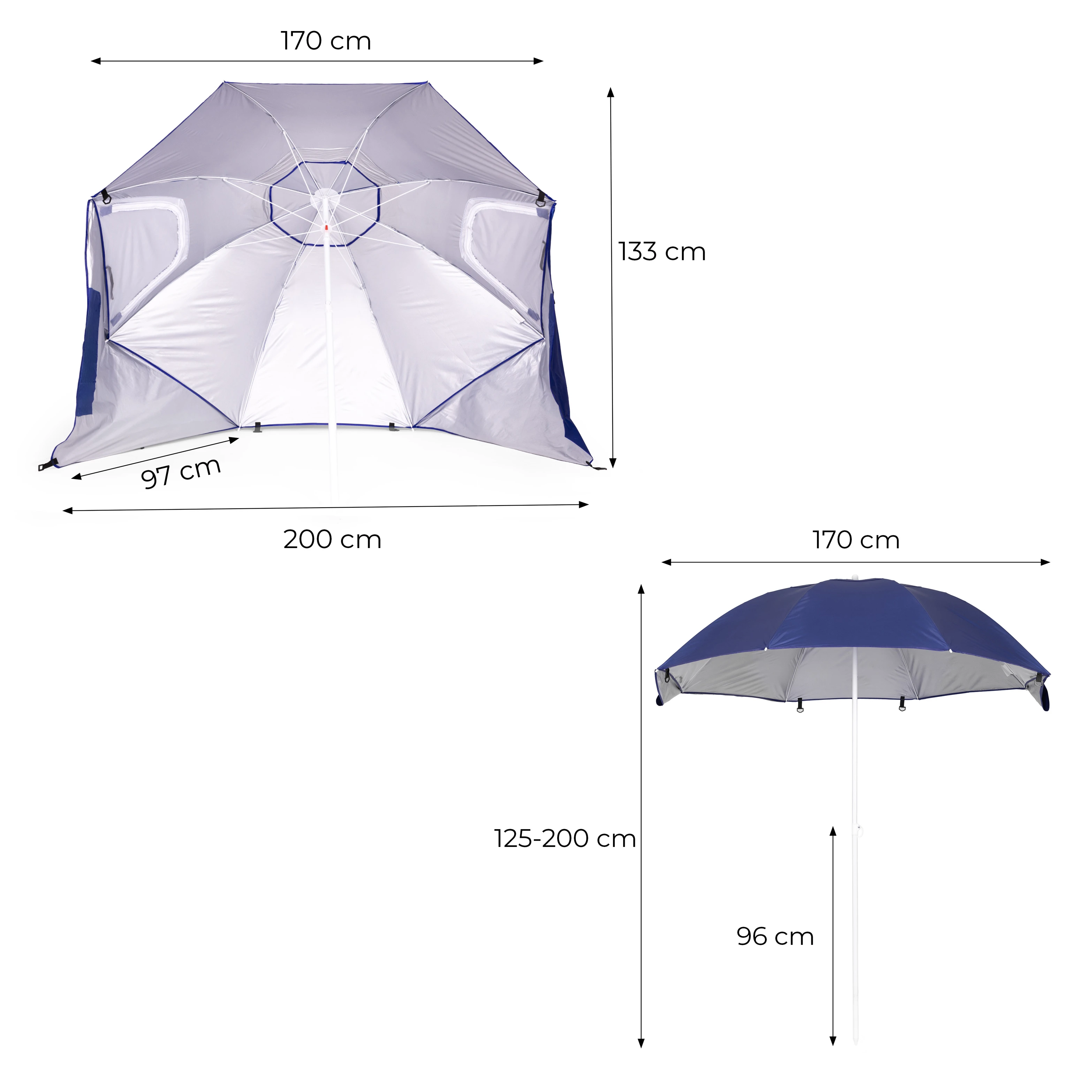 2-in-1 paplūdimio skėtis-palapinė su šoninėmis sienelėmis, reguliuojamas 125–200 cm, mėlynas, MultiGarden aprašymas - Prekės nuotrauka