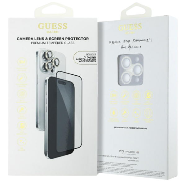 2-in-1 rinkinys Guess BP Rhinestone ekrano ir kameros objektyvo stiklas, skirtas iPhone 16 Pro Max auksinis aprašymas - Prekės nuotrauka