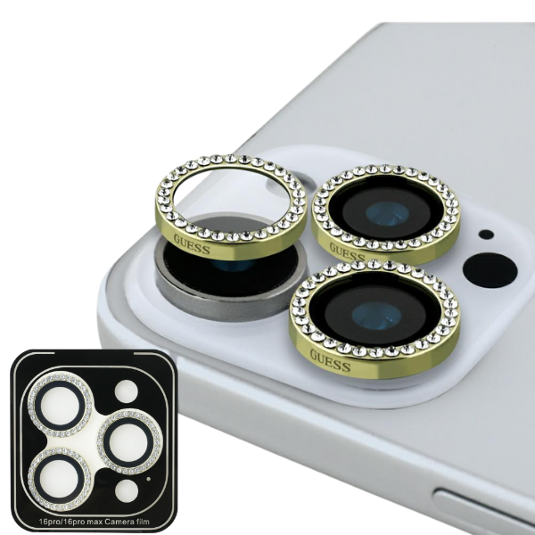 2-in-1 rinkinys Guess BP Rhinestone ekrano ir kameros objektyvo stiklas, skirtas iPhone 16 Pro Max auksinis aprašymas - Prekės nuotrauka