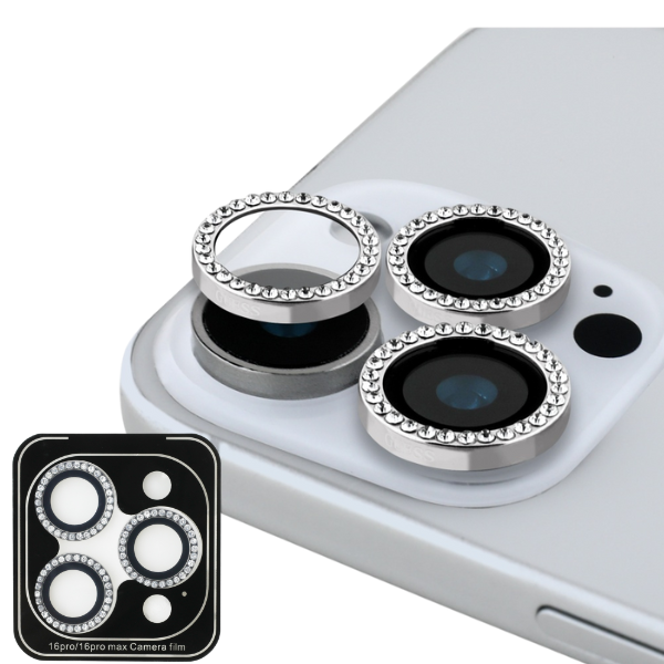 2-in-1 rinkinys Guess BP Rhinestone ekrano ir kameros lęšio stiklas, skirtas iPhone 16 Pro Max sidabrinis aprašymas - Prekės nuotrauka