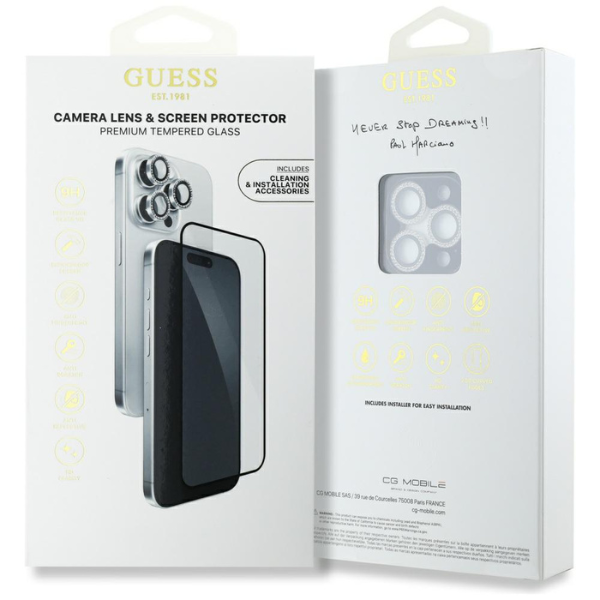 2-in-1 rinkinys Guess BP Rhinestone ekrano ir kameros lęšio stiklas, skirtas iPhone 16 Pro Max sidabrinis aprašymas - Prekės nuotrauka