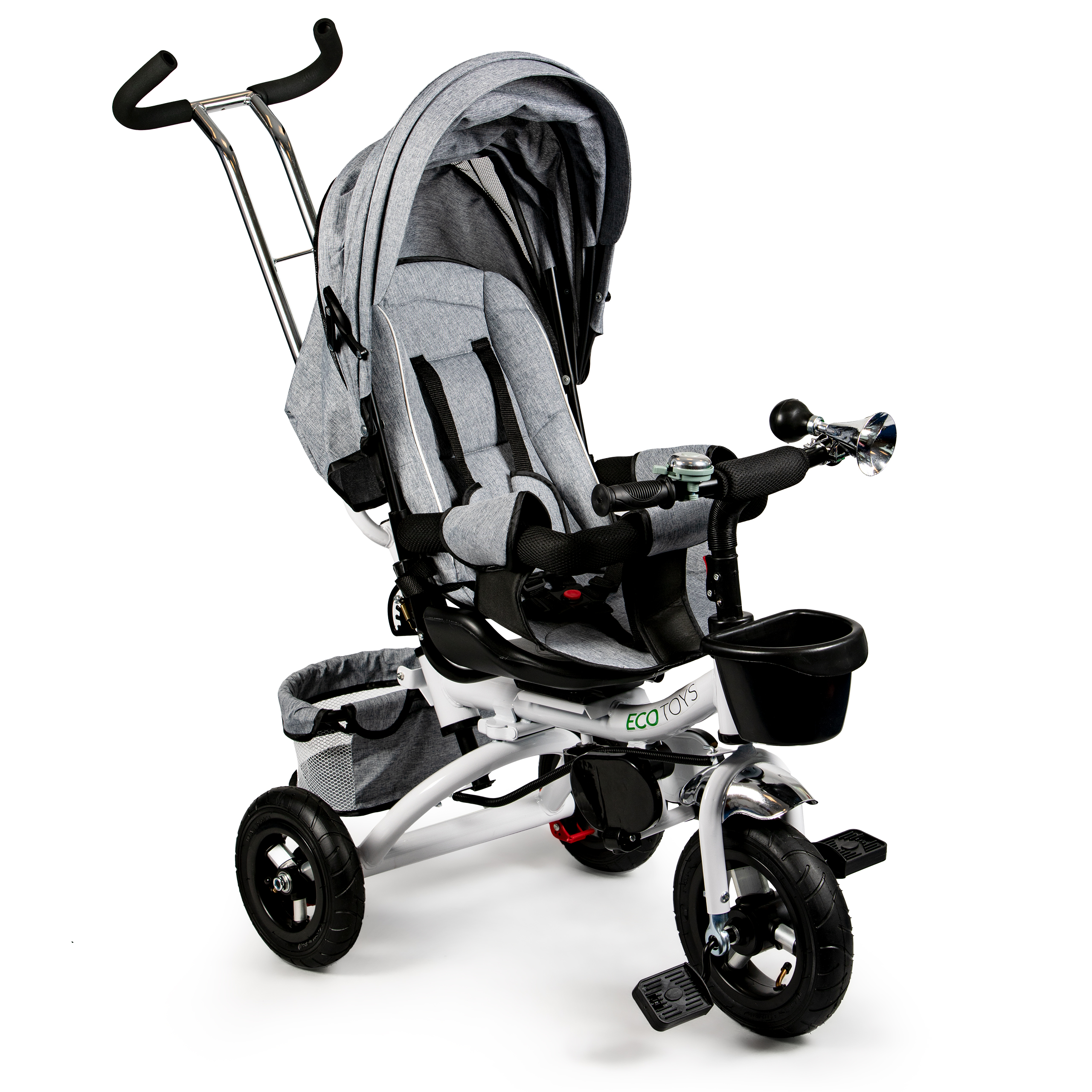 360° besisukantis triratis Deluxe su stogeliu, pilkas, ECOTOYS aprašymas - Prekės nuotrauka