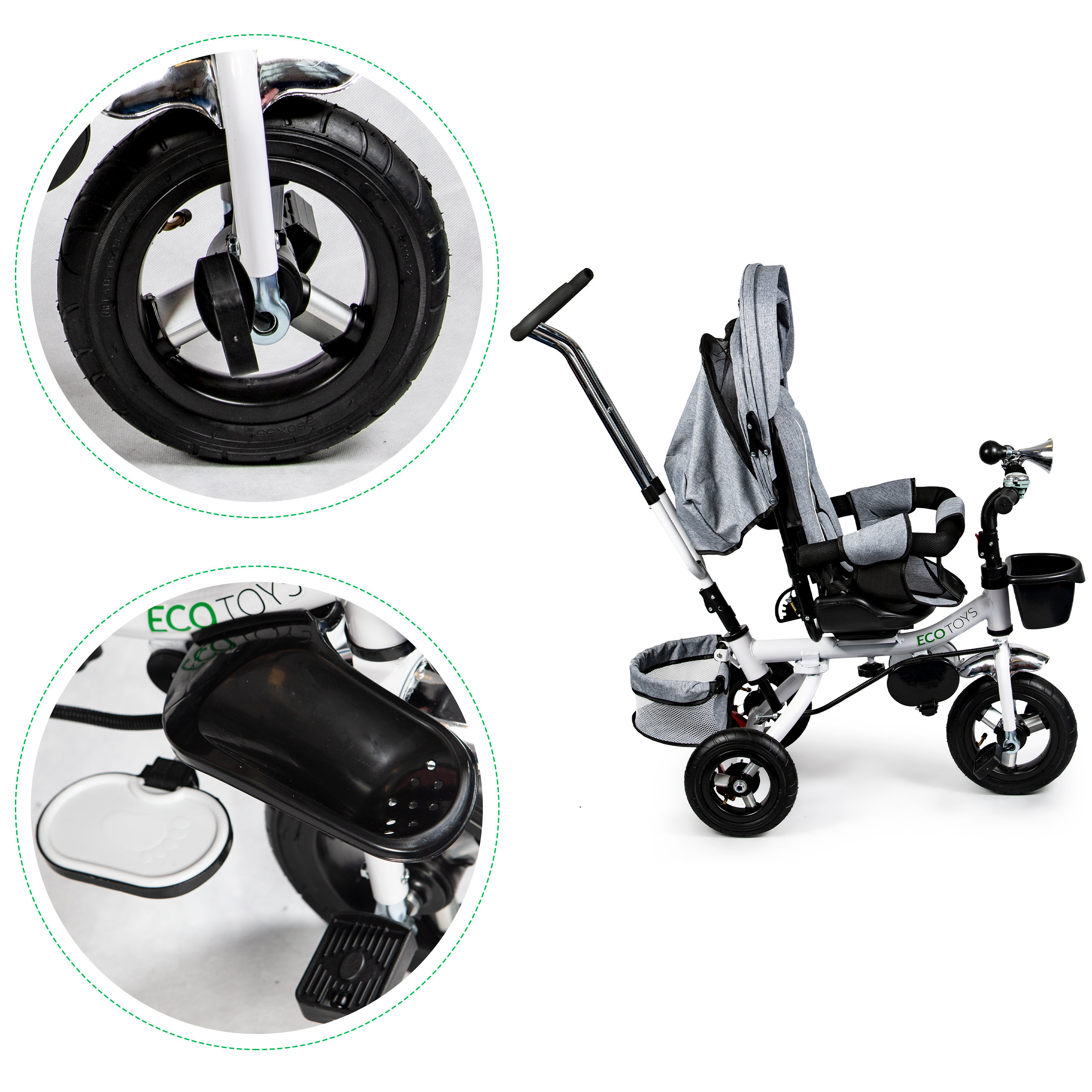 360° besisukantis triratis Deluxe su stogeliu, pilkas, ECOTOYS aprašymas - Prekės nuotrauka