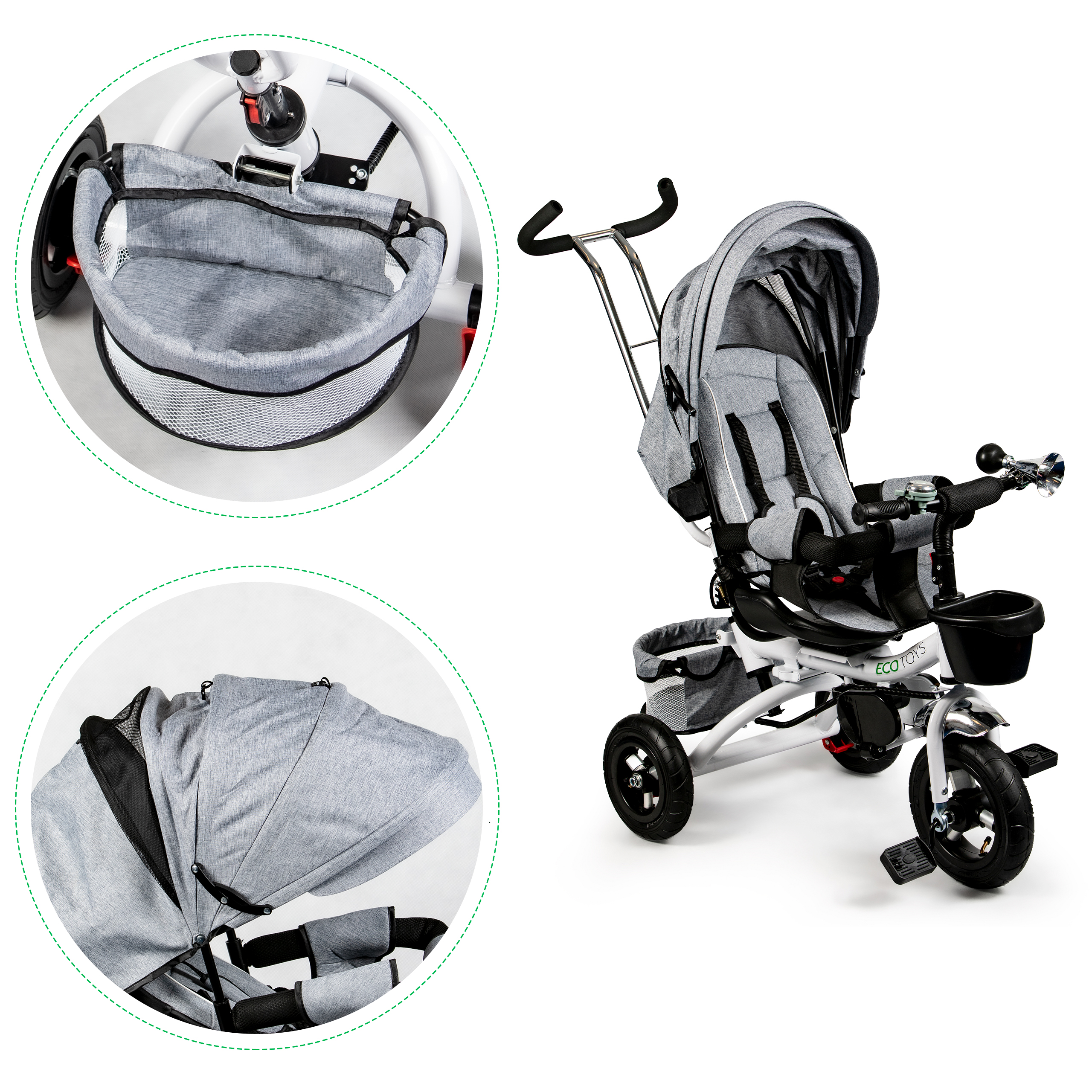 360° besisukantis triratis Deluxe su stogeliu, pilkas, ECOTOYS aprašymas - Prekės nuotrauka