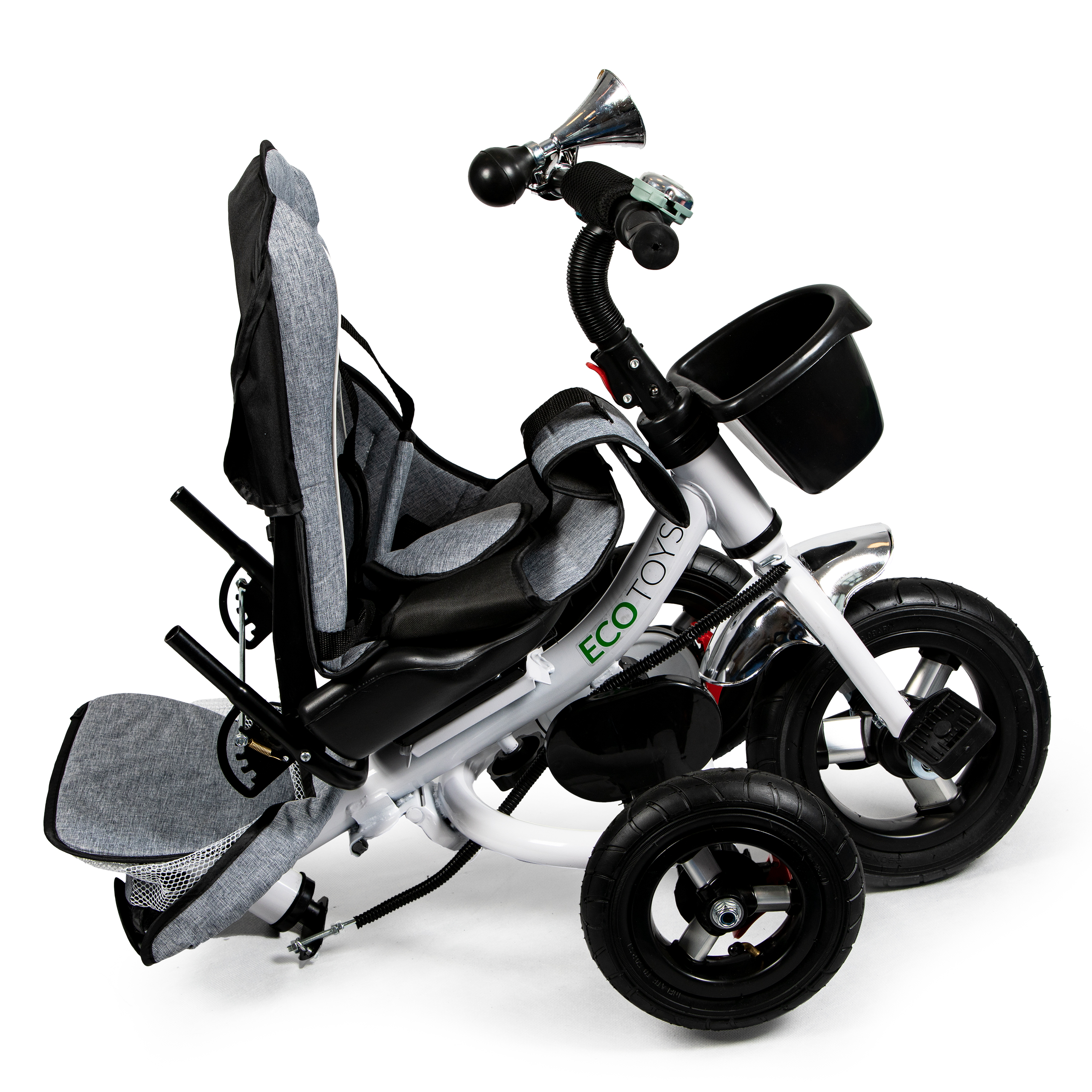 360° besisukantis triratis Deluxe su stogeliu, pilkas, ECOTOYS aprašymas - Prekės nuotrauka