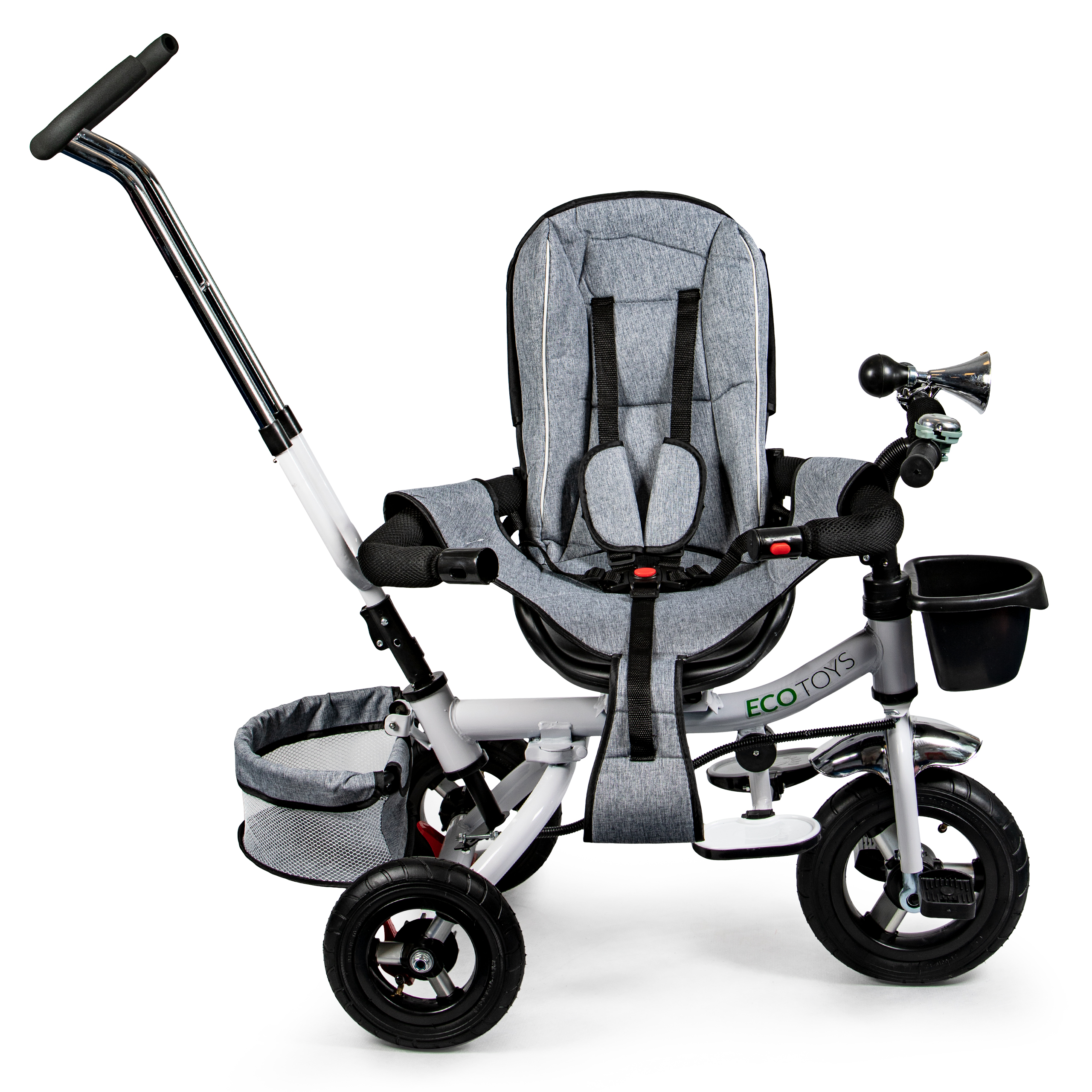 360° besisukantis triratis Deluxe su stogeliu, pilkas, ECOTOYS aprašymas - Prekės nuotrauka