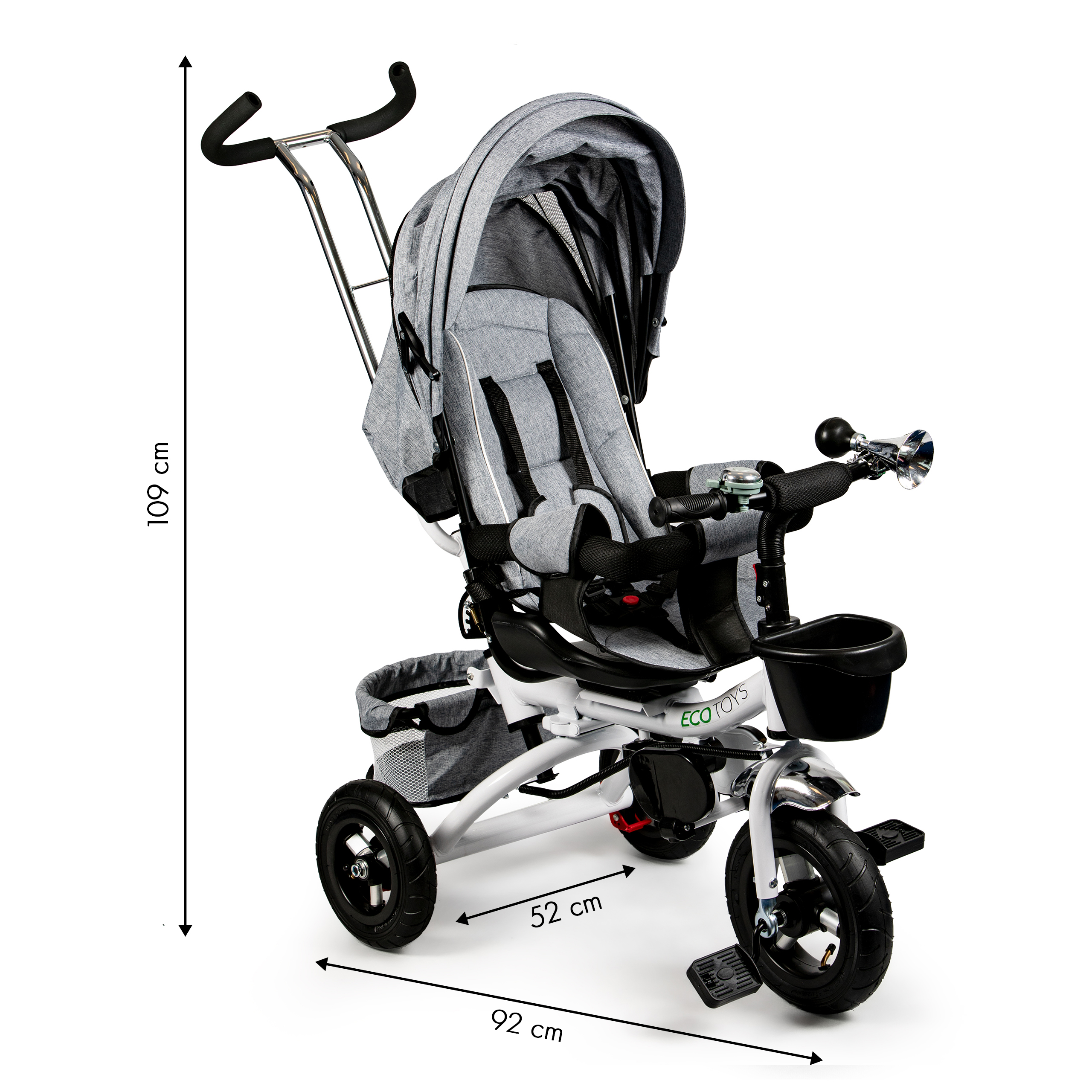 360° besisukantis triratis Deluxe su stogeliu, pilkas, ECOTOYS aprašymas - Prekės nuotrauka