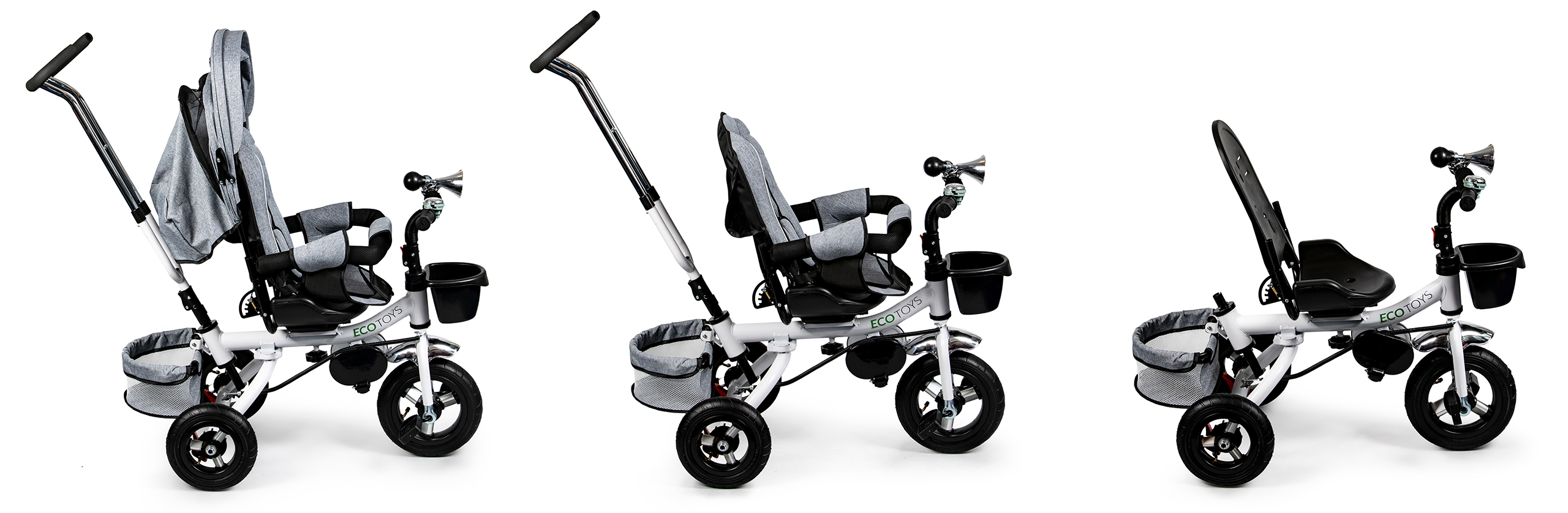 360° besisukantis triratis Deluxe su stogeliu, pilkas, ECOTOYS aprašymas - Prekės nuotrauka