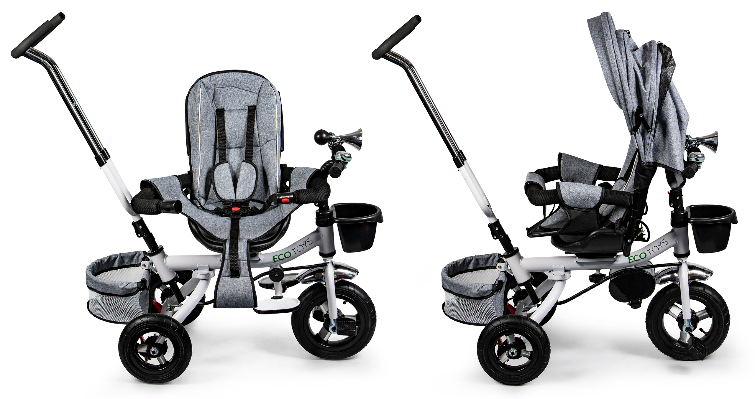 360° besisukantis triratis Deluxe su stogeliu, pilkas, ECOTOYS aprašymas - Prekės nuotrauka