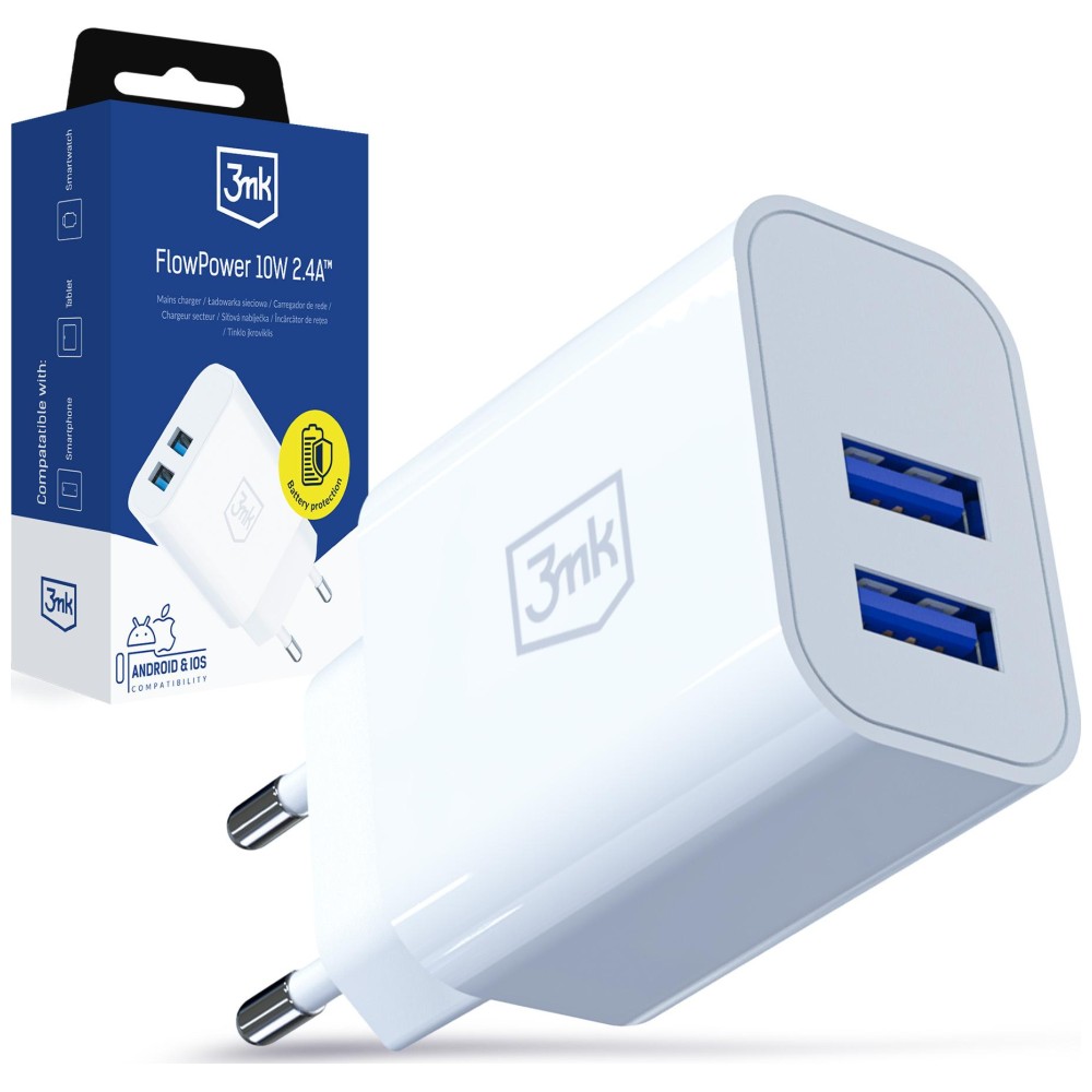 3mk FlowPower 10W 2.4A 2A balta aprašymas - Prekės nuotrauka