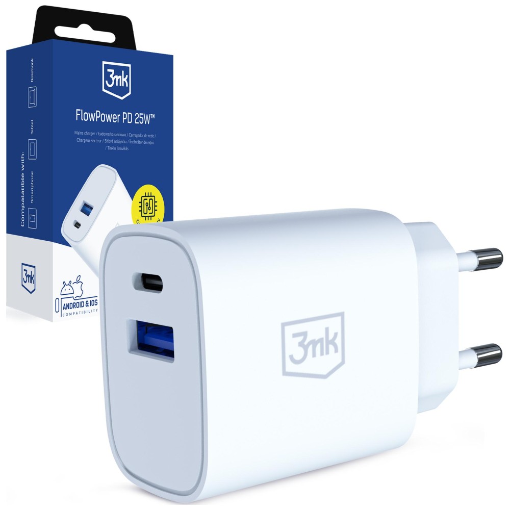 3mk FlowPower 25W 1A1C PD QC4+ balta aprašymas - Prekės nuotrauka 3mk FlowPower 25W 1A1C PD QC4+ balta aprašymas - Prekės nuotrauka