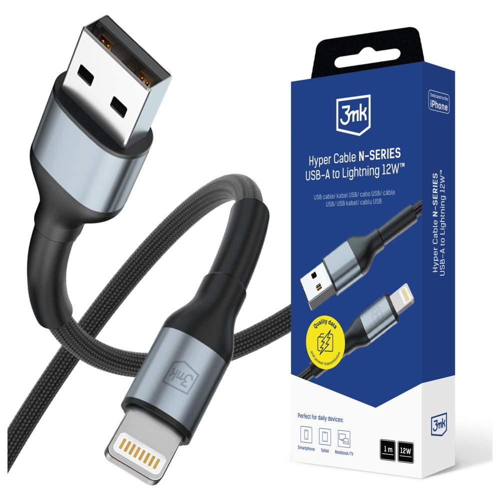 3mk Hyper Cable N-SERIES USB-A to Lightning 1m 5V/2.4A 12W Juodas aprašymas - Prekės nuotrauka