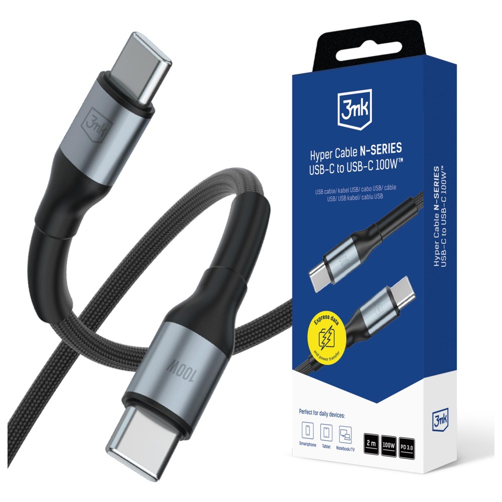 3mk Hyper Cable N-SERIES USB-C į USB-C 1m 20V/5A 100W Juodas aprašymas - Prekės nuotrauka