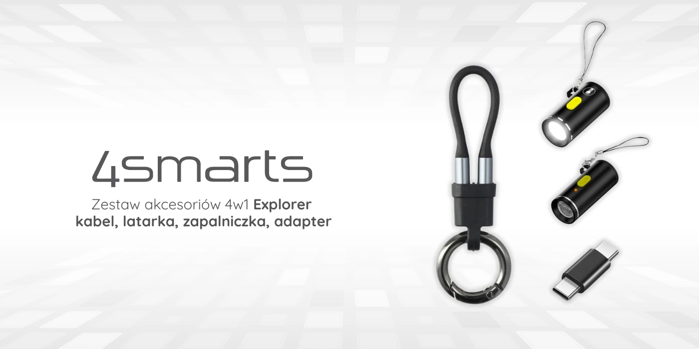 4 viename priedų rinkinys: 4smarts Explorer USB-C raktų pakabuko laidas, USB-C–USB-C adapteris, USB-C žiebtuvėlis, U formos aprašymas - Prekės nuotrauka