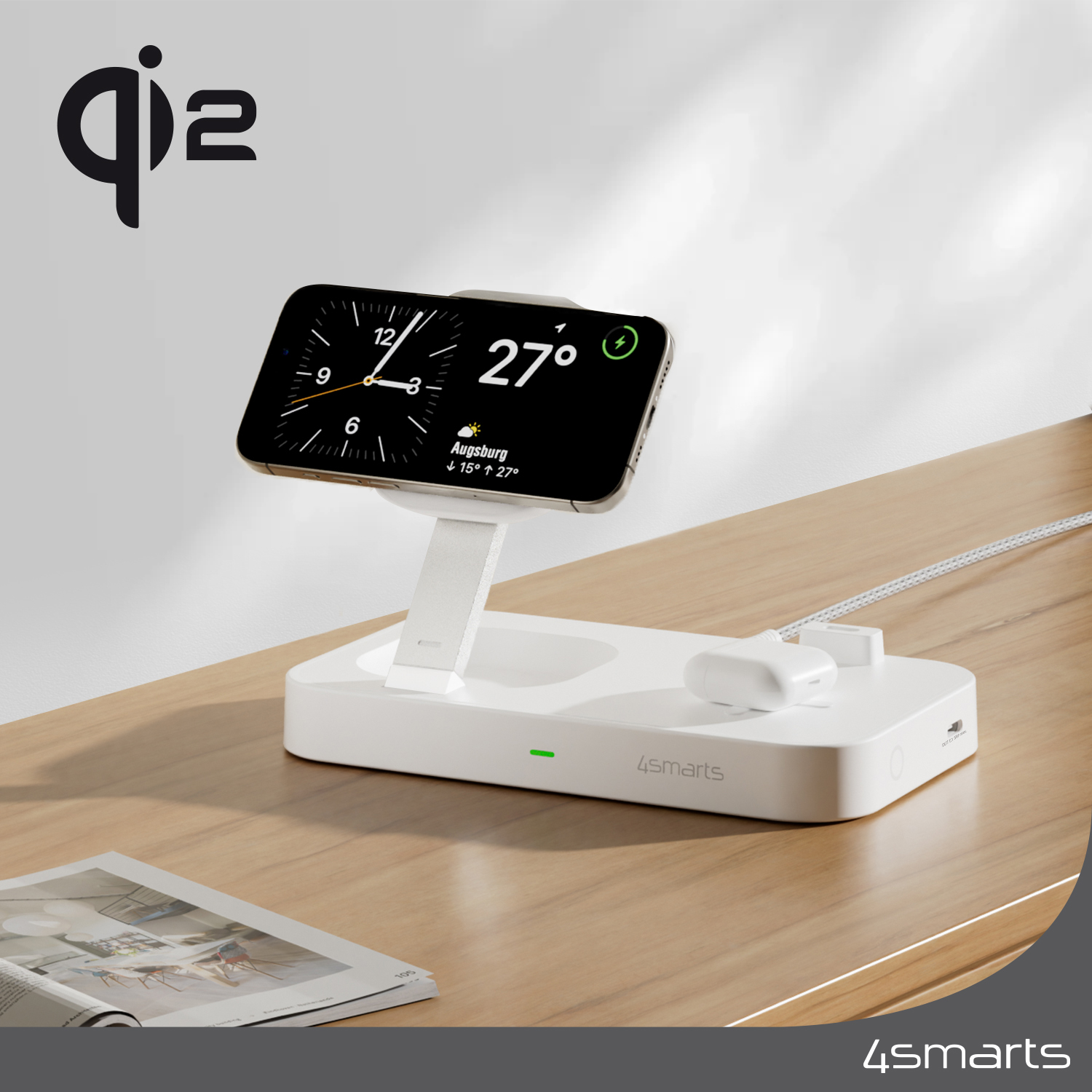 4smarts belaidis įkroviklis QI2 Trident 2in1 + USB-C + Laidinis įkroviklis 30W baltos spalvos 540998 aprašymas - Prekės nuotrauka