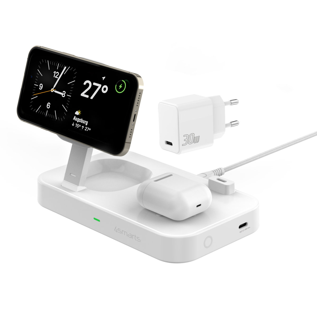 4smarts belaidis įkroviklis QI2 Trident 2in1 + USB-C + Laidinis įkroviklis 30W baltos spalvos 540998 aprašymas - Prekės nuotrauka