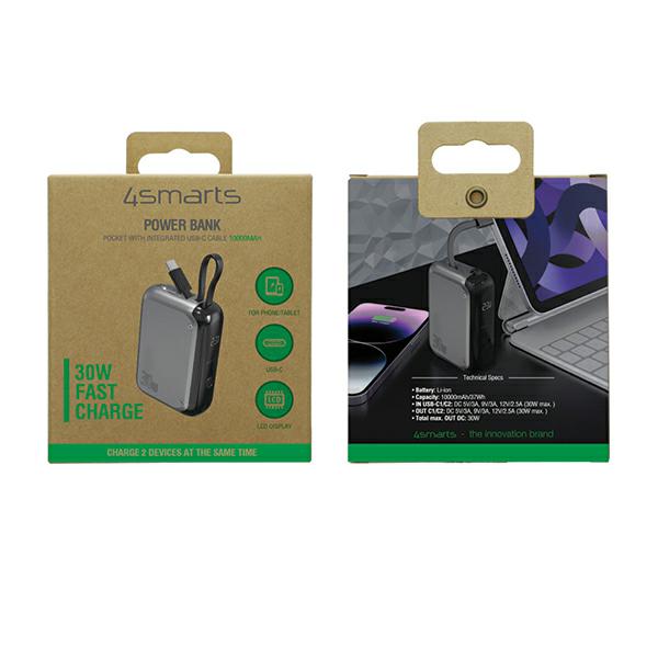 4smarts Pocket 10000 mAh 30W su įmontuotu USB-C kabelio kamuoliuku aprašymas - Prekės nuotrauka 4smarts Pocket 10000 mAh 30W su įmontuotu USB-C kabelio kamuoliuku aprašymas - Prekės nuotrauka