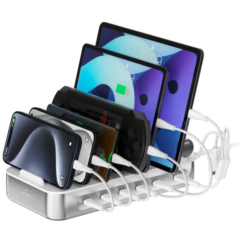 4smarts Team 100W charging station 5xUSB-C with set of 6 cables sidabrinis aprašymas - Prekės nuotrauka