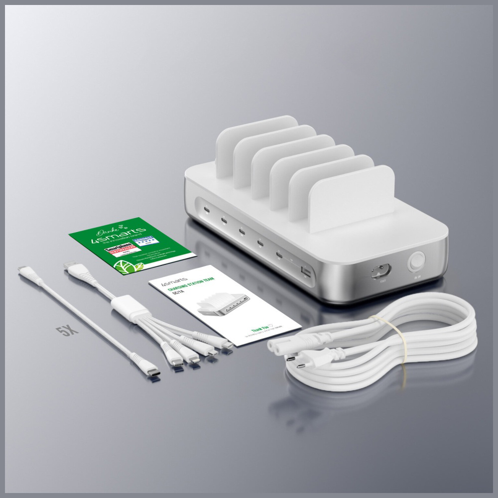 4smarts Team 100W charging station 5xUSB-C with set of 6 cables sidabrinis aprašymas - Prekės nuotrauka