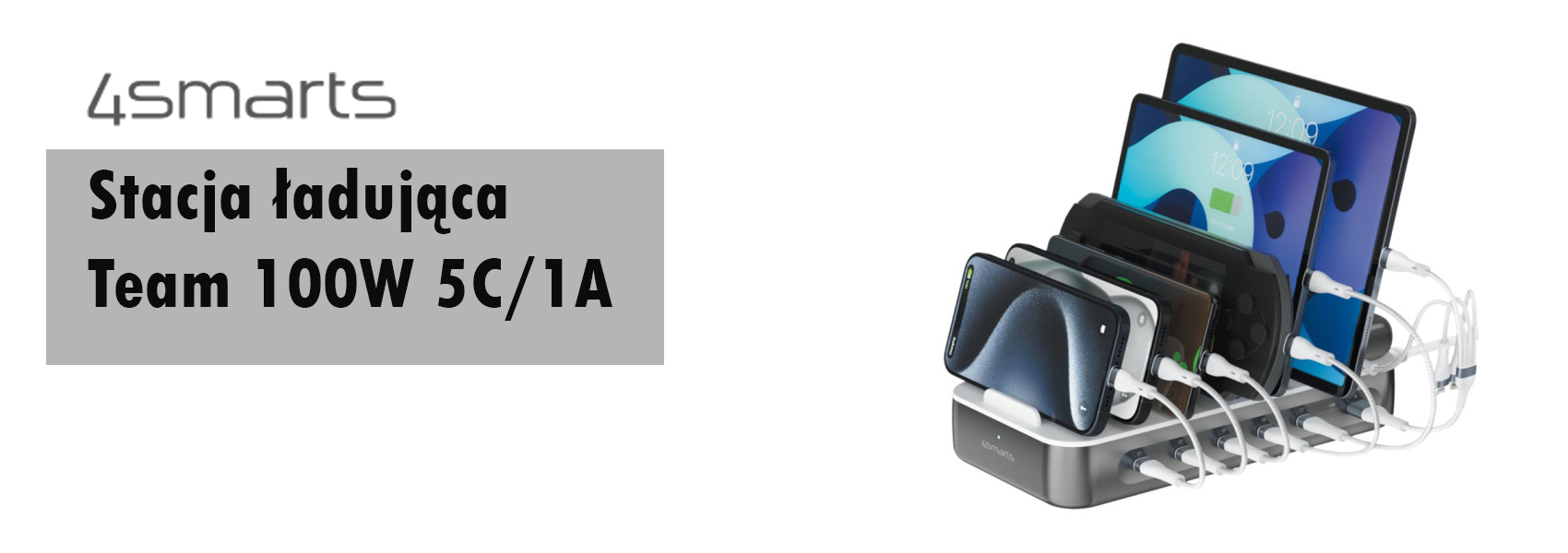 4smarts Team 100W įkrovimo stotelė su kabelių rinkiniu, Space Gray aprašymas - Prekės nuotrauka