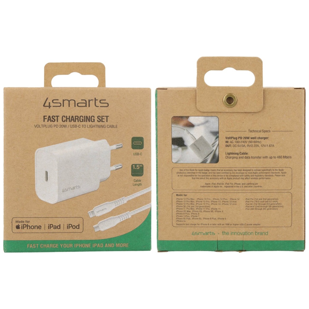 4smarts VoltPlug 20W PD USB-C Laidinis įkroviklis with USB-C to Lightning cable baltos spalvos aprašymas - Prekės nuotrauka