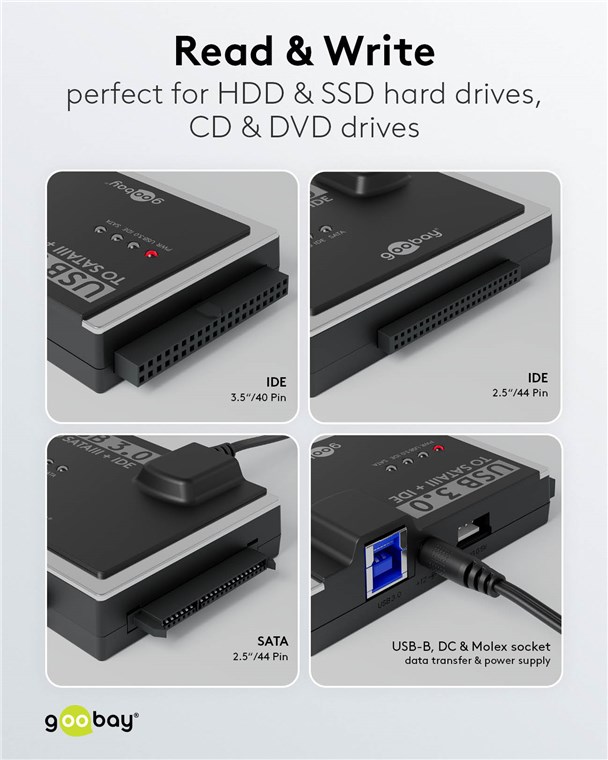 Goobay Adapteris 2.5/3.5″ HDD, SSD diskams USB 3.0 – SATA / IDE aprašymas - Prekės nuotrauka