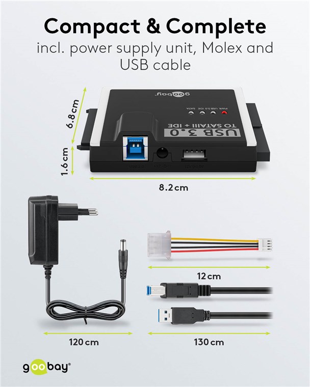 Goobay Adapteris 2.5/3.5″ HDD, SSD diskams USB 3.0 – SATA / IDE aprašymas - Prekės nuotrauka