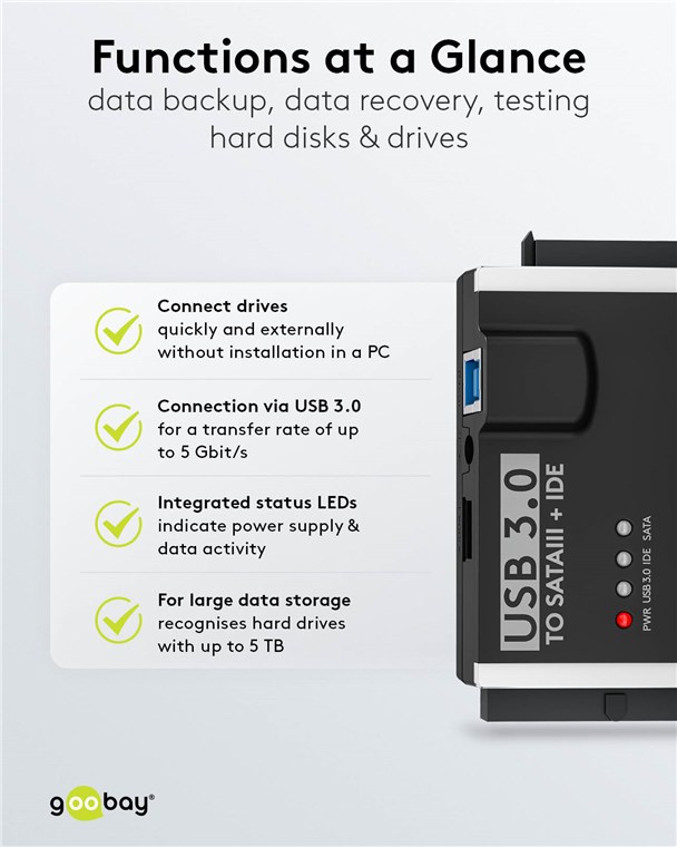 Goobay Adapteris 2.5/3.5″ HDD, SSD diskams USB 3.0 – SATA / IDE aprašymas - Prekės nuotrauka